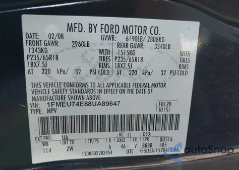2008 Ford Explorer Eddie Bauer from USA, damaged, VIN 1FMEU74E88UA89647